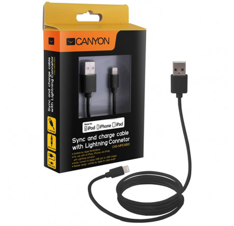 Canyon CNS-MFICAB01B Ultra-compact MFI Cable, certified by Apple, 1M length , 2.8mm , black c Кабель CANYON - krselo-experts.ru – фото 1