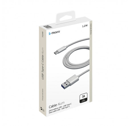 Deppa Alum USB Type-C - USB Type-C, алюминий/нейлон, USB 2.0, 3A, 1.2м, 1.2м, серебро, Deppa Кабель  DEPPA - krselo-experts.ru – фото 1