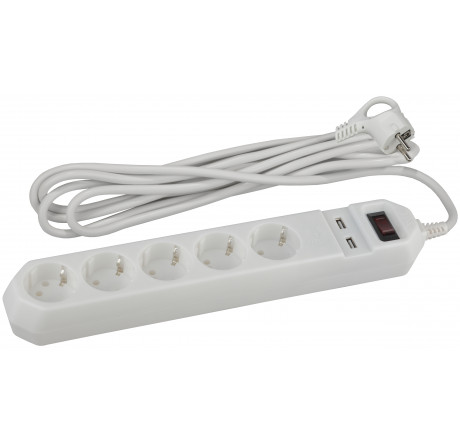 Сетевой фильтр ЭРА USF-5es-1.5m-USB-W (белый) с заземл, 3x0,75мм ЭРА - krselo-experts.ru – фото 1