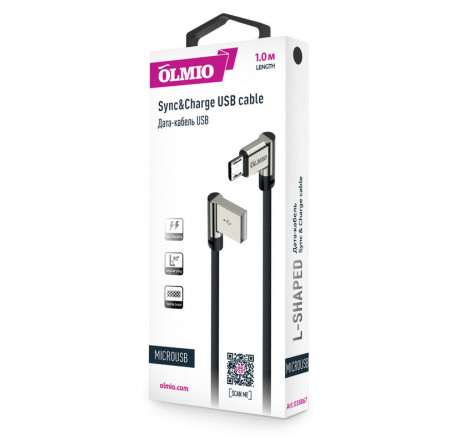 OLMIO 038867 USB 2.0 - microUSB, 1м, угловой, тканевая оплетка, цвет черный Кабель  PARTNER - krselo-experts.ru – фото 1